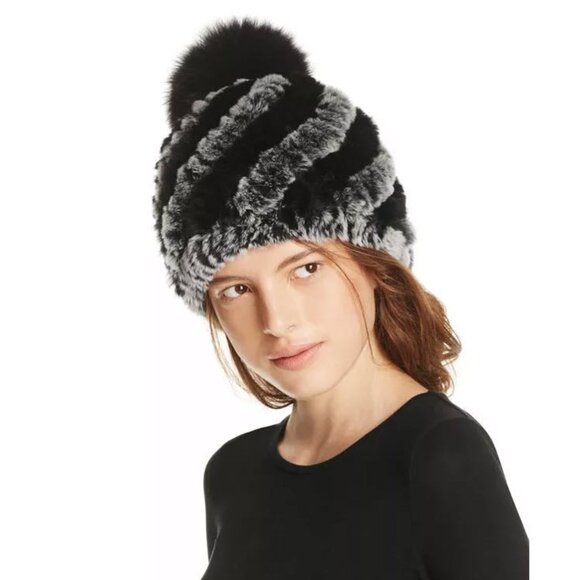 Kyi Kyi Striped Rabbit Fur Knit Genuine FOX FUR Pompom Beanie main image 7